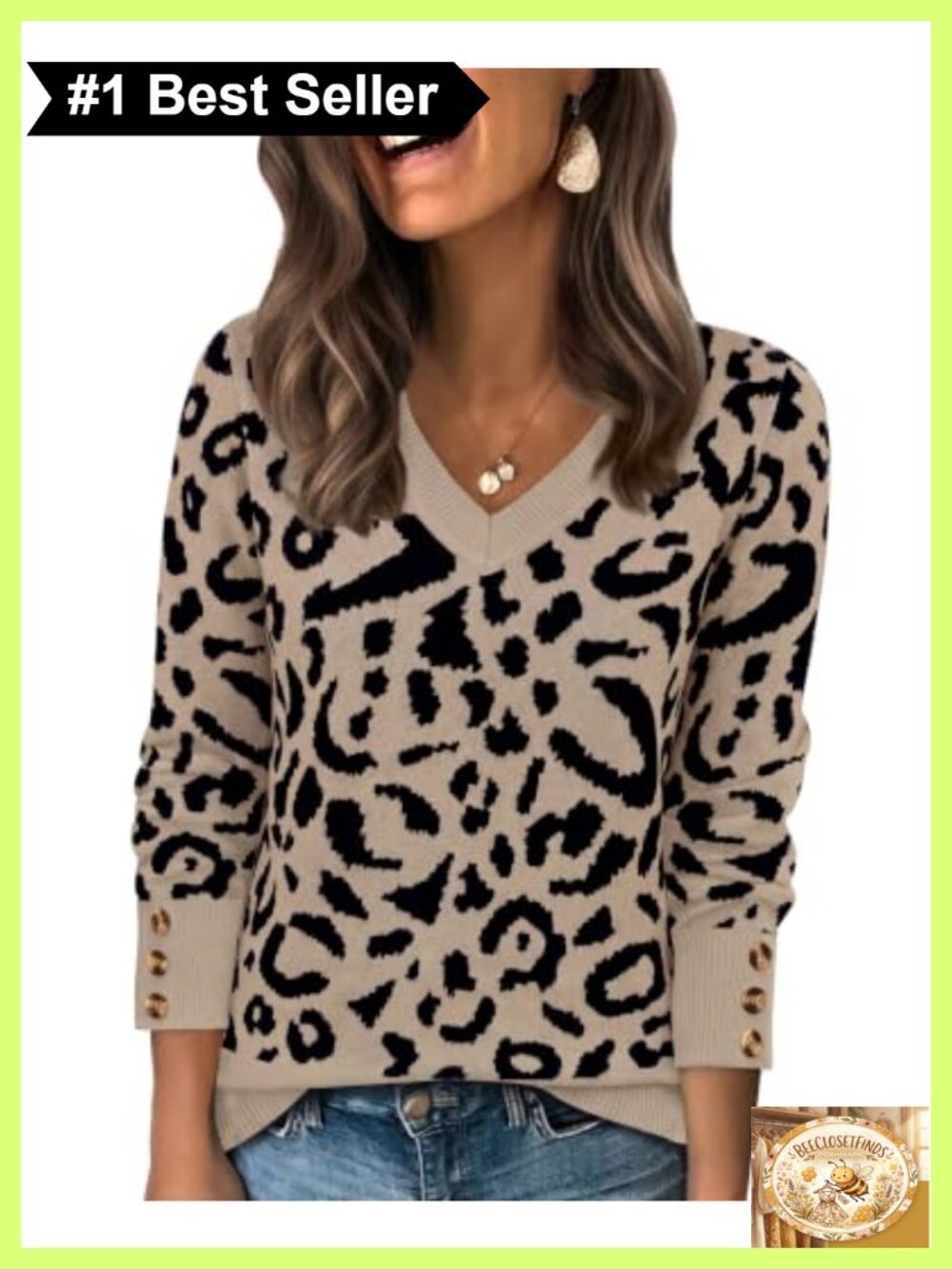 Womens Wide V-Neck Pullover Sweater with Decorative Button Cuffs